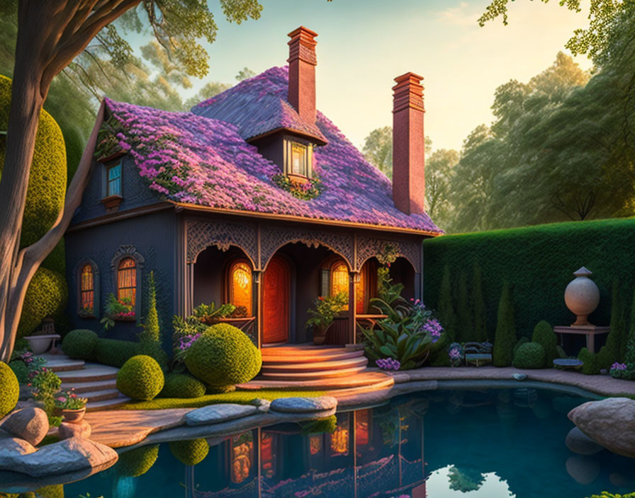 Purple Blooms Adorn Enchanting Cottage in Serene Garden Setting