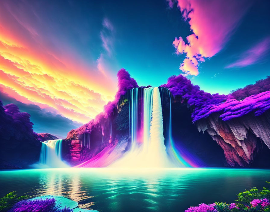 Vibrant surreal landscape with neon waterfalls and purple foliage