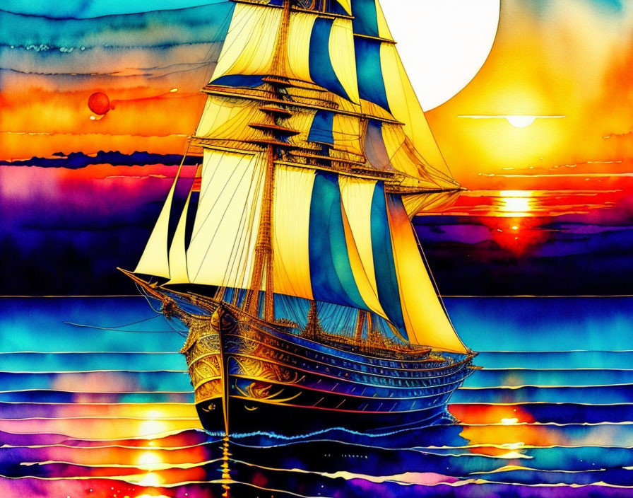 Colorful sunset seascape with sailing ship on calm waters