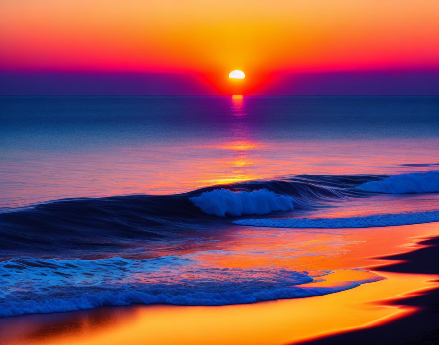 Vibrant sunset with purple and orange hues over calm ocean beach