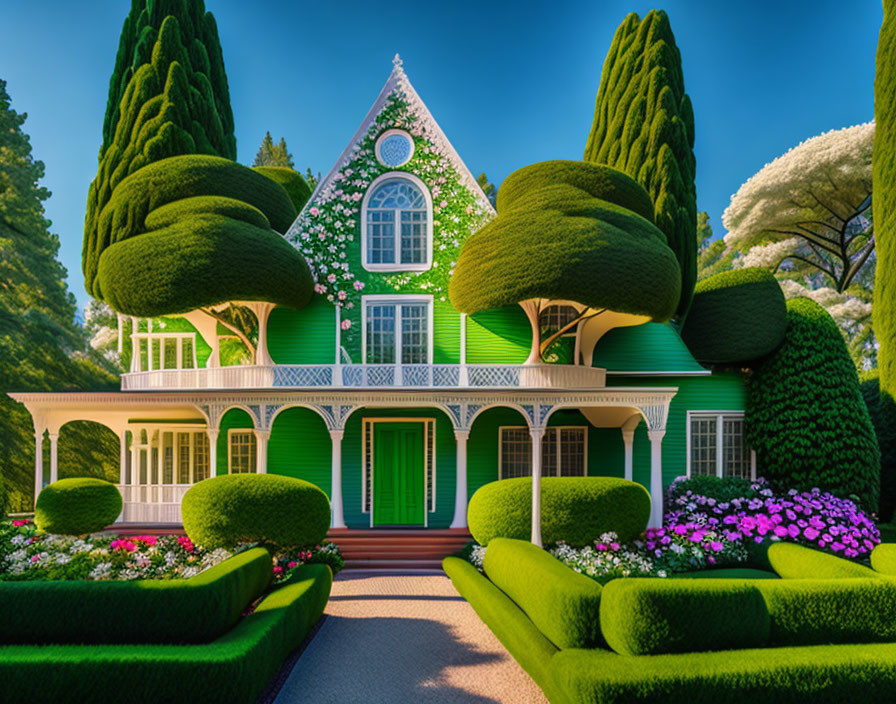 Green house with trimmed hedges and topiaries under blue sky