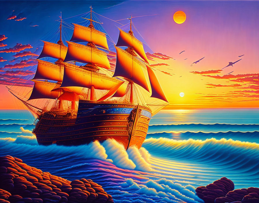 Colorful sunset seascape with tall ship and seabirds