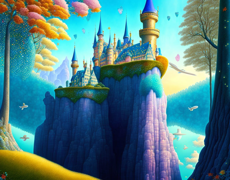 Vibrant cliff castle with waterfalls, whimsical trees, and flying birds