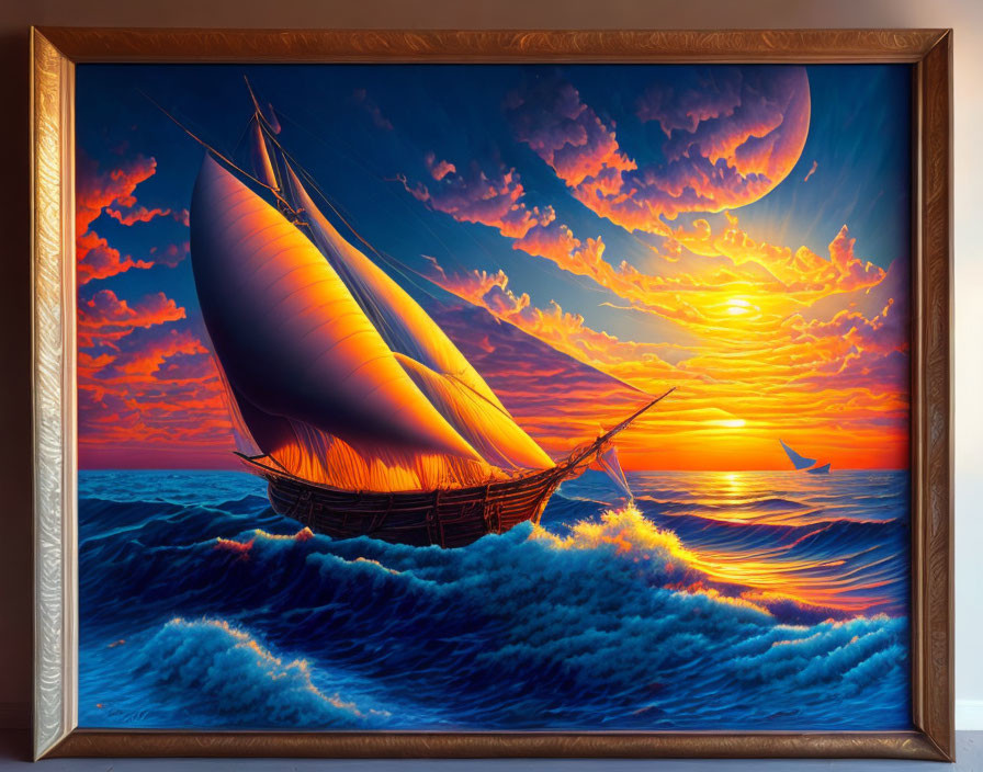 Sailing ship painting on turbulent sea waves at sunset