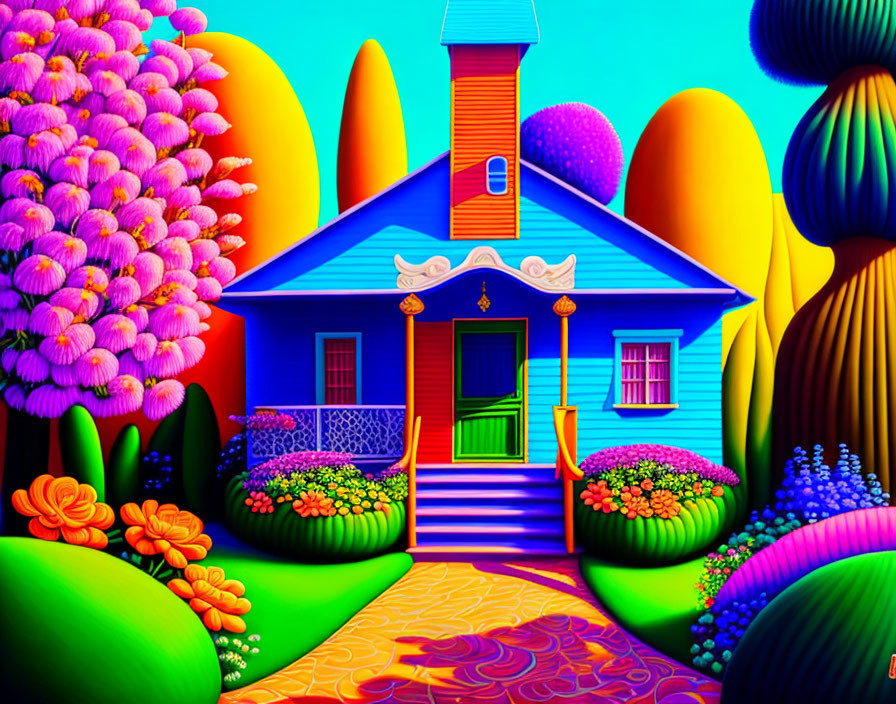 Colorful Artwork: Whimsical Blue House & Lush Nature Scene