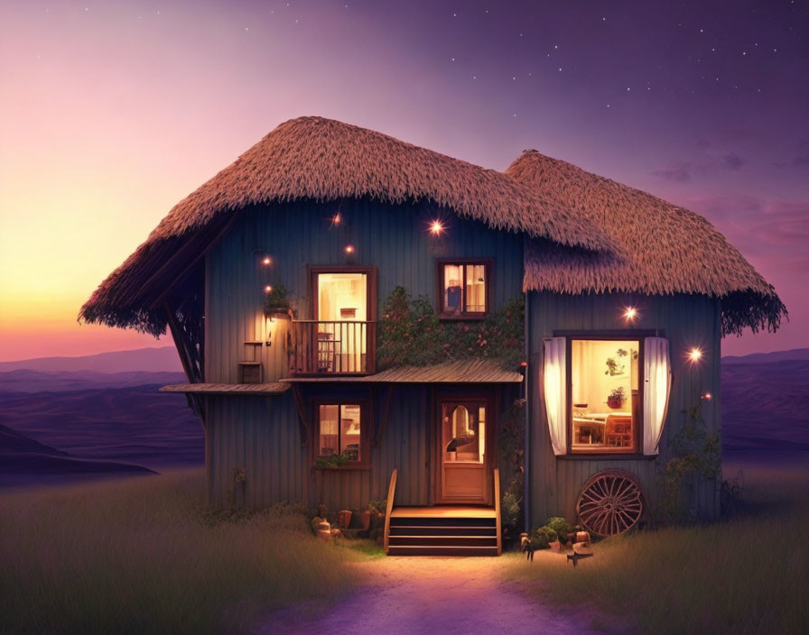 Charming two-story thatched cottage at twilight