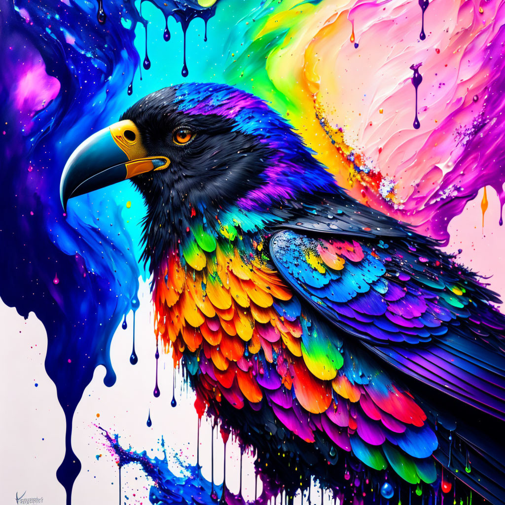 Colorful Raven Painting with Inky Splashes on White Background