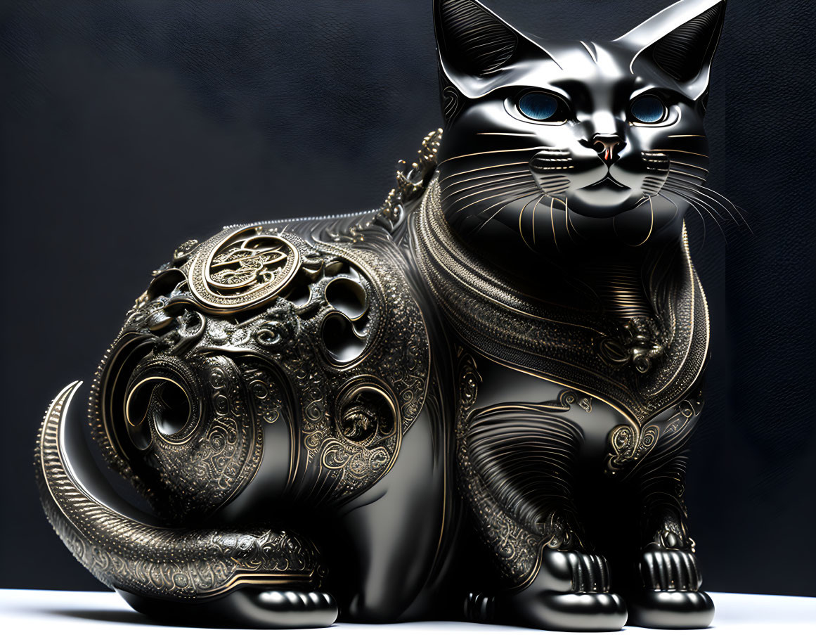 Intricate Black Metal Cat Sculpture with Gold Patterns