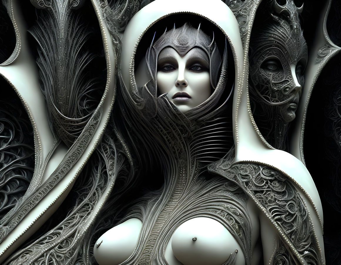 Detailed digital artwork: Pale-skinned female figure amidst dark, ornate alien-like forms