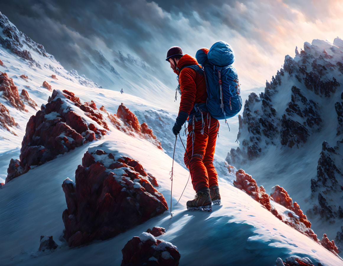 Red-jacketed climber ascends snowy mountain ridge with ropes and gear