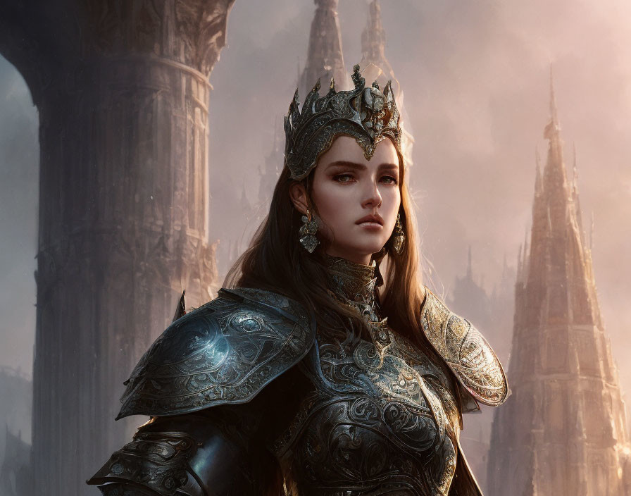 Regal woman in ornate armor and crown at Gothic castle