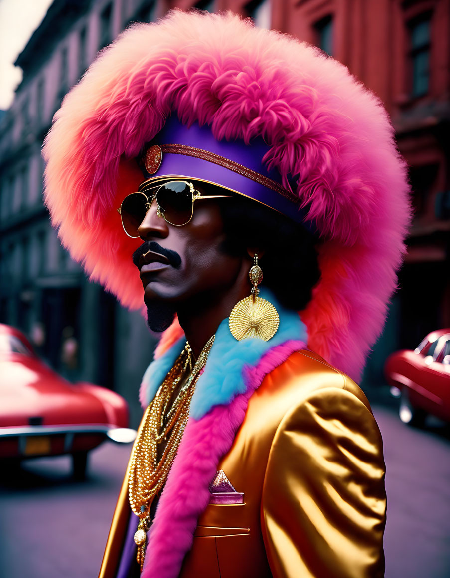 Colorful man in pink fur hat and gold sunglasses by vintage car