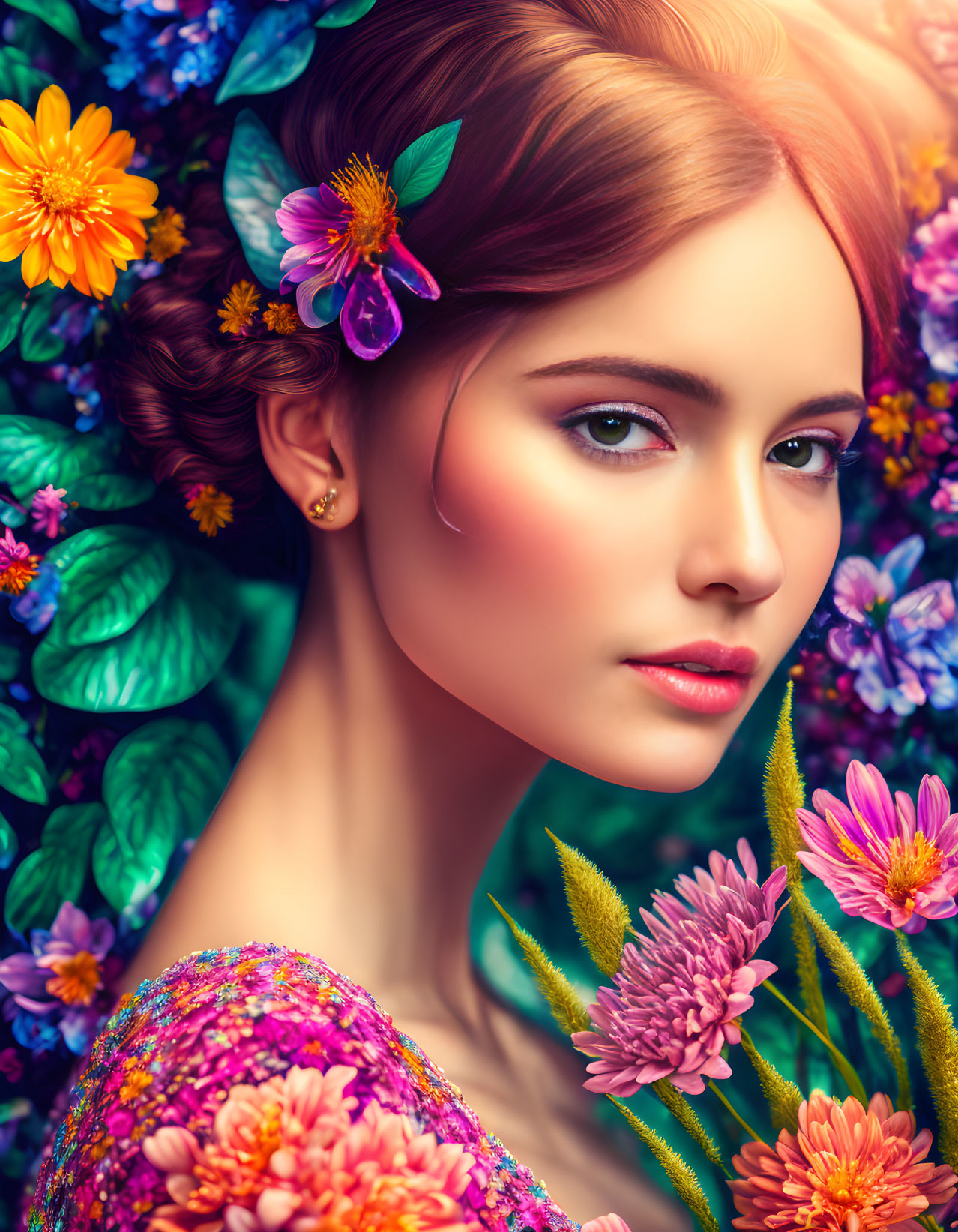 Young woman illustration with vibrant floral background and flowers in hair