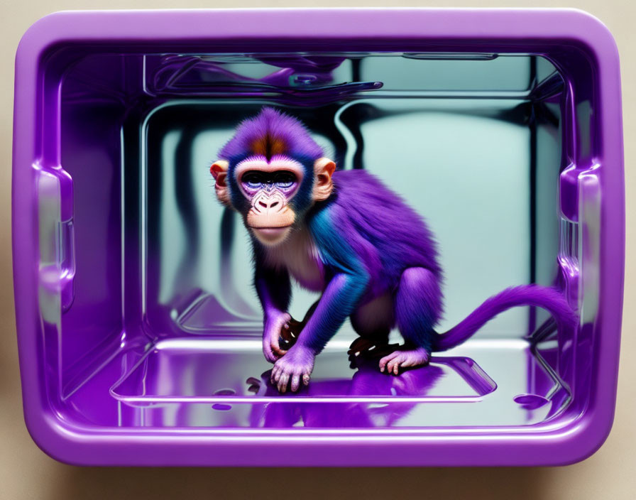 Colorful Monkey with Purple Fur in Reflective Cube