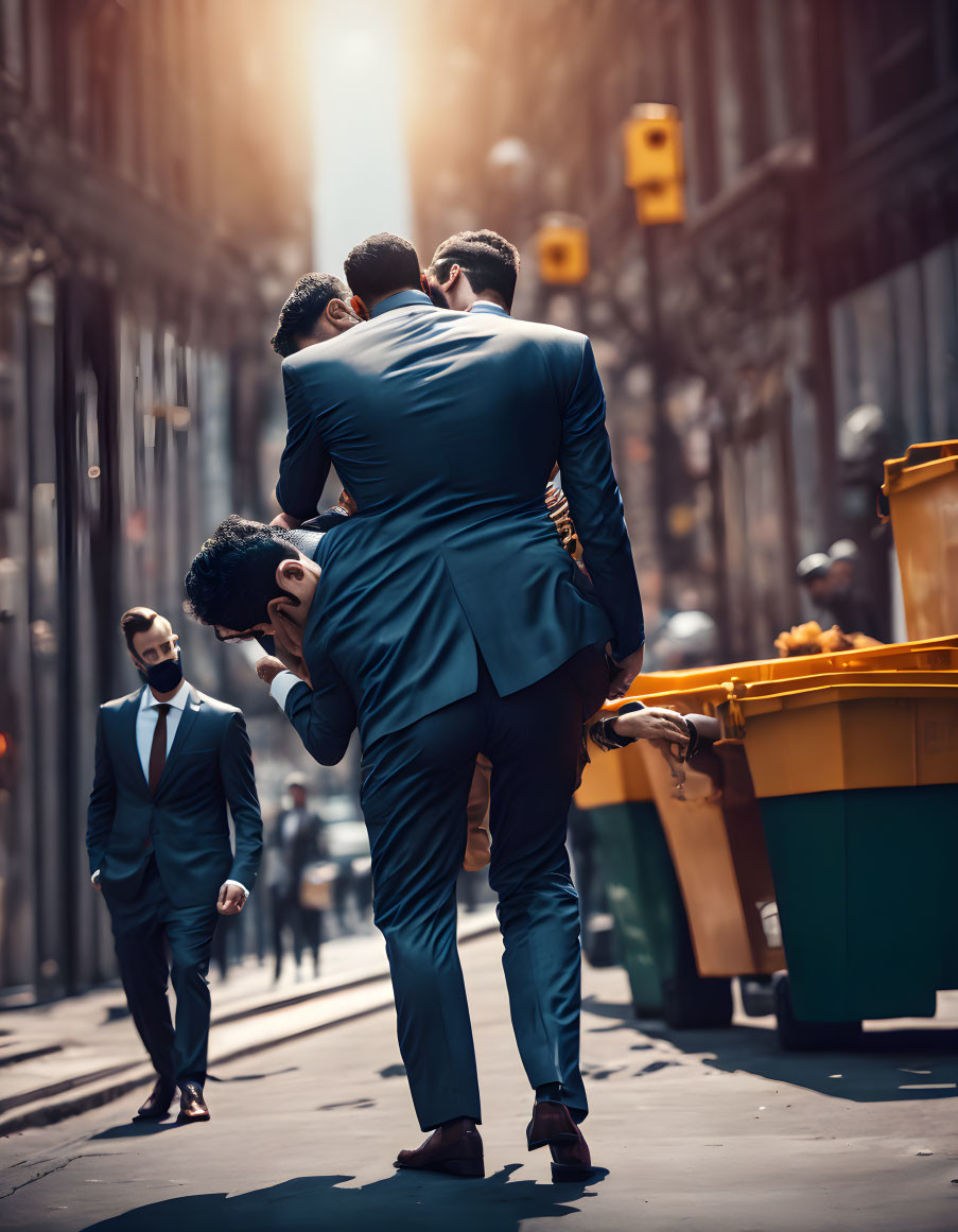 Two men in suits on urban street with blurred pedestrians and yellow traffic lights