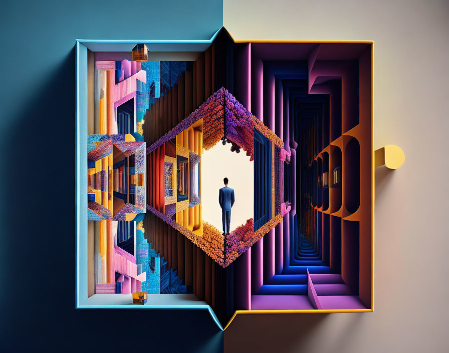 Surreal geometric space with man in open box, warm and cool colors, intricate architecture