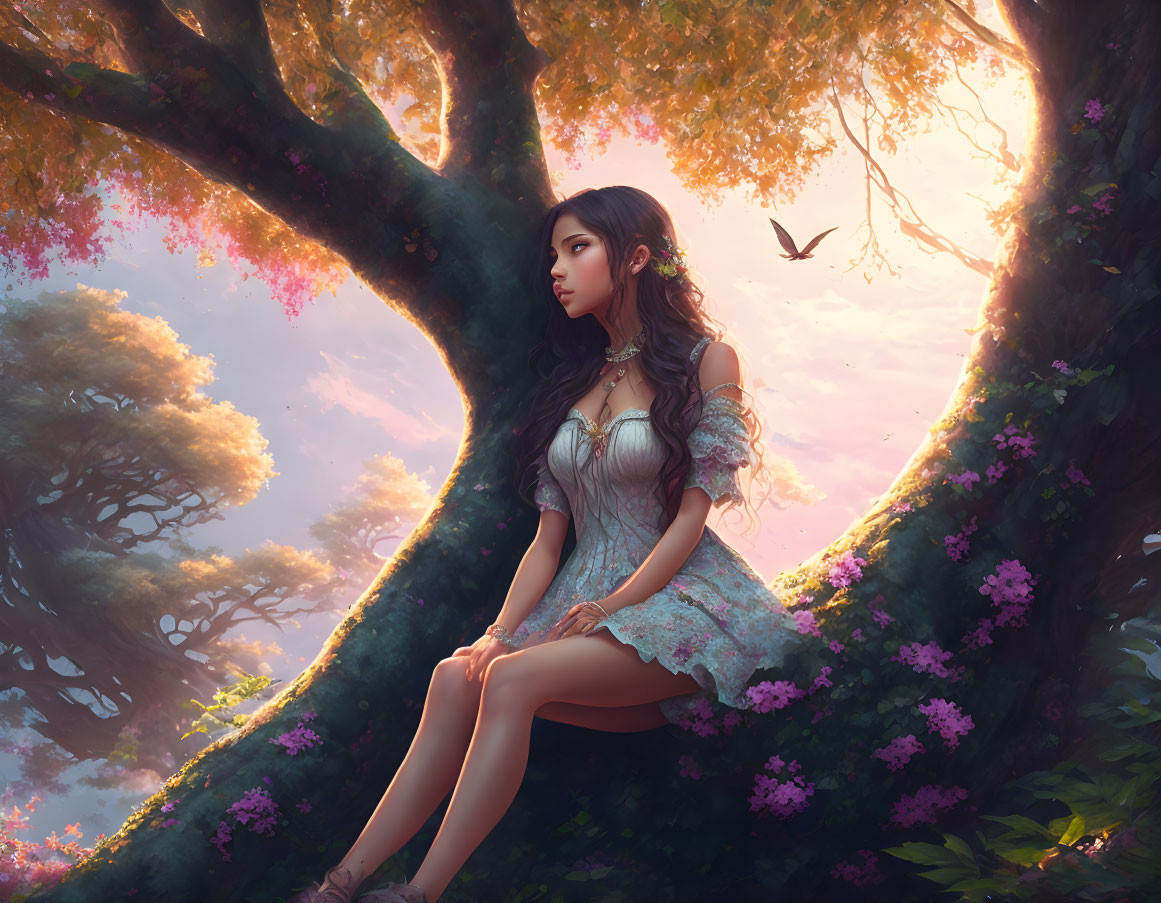 Woman sitting on tree branch in serene forest with blossoming flowers and flying bird