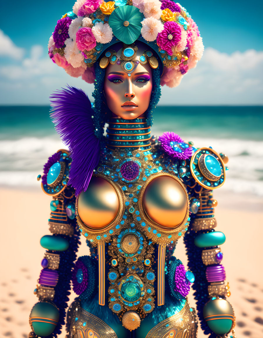 Colorful Jewel-Encrusted Female Robot on Beach with Floral Headpiece