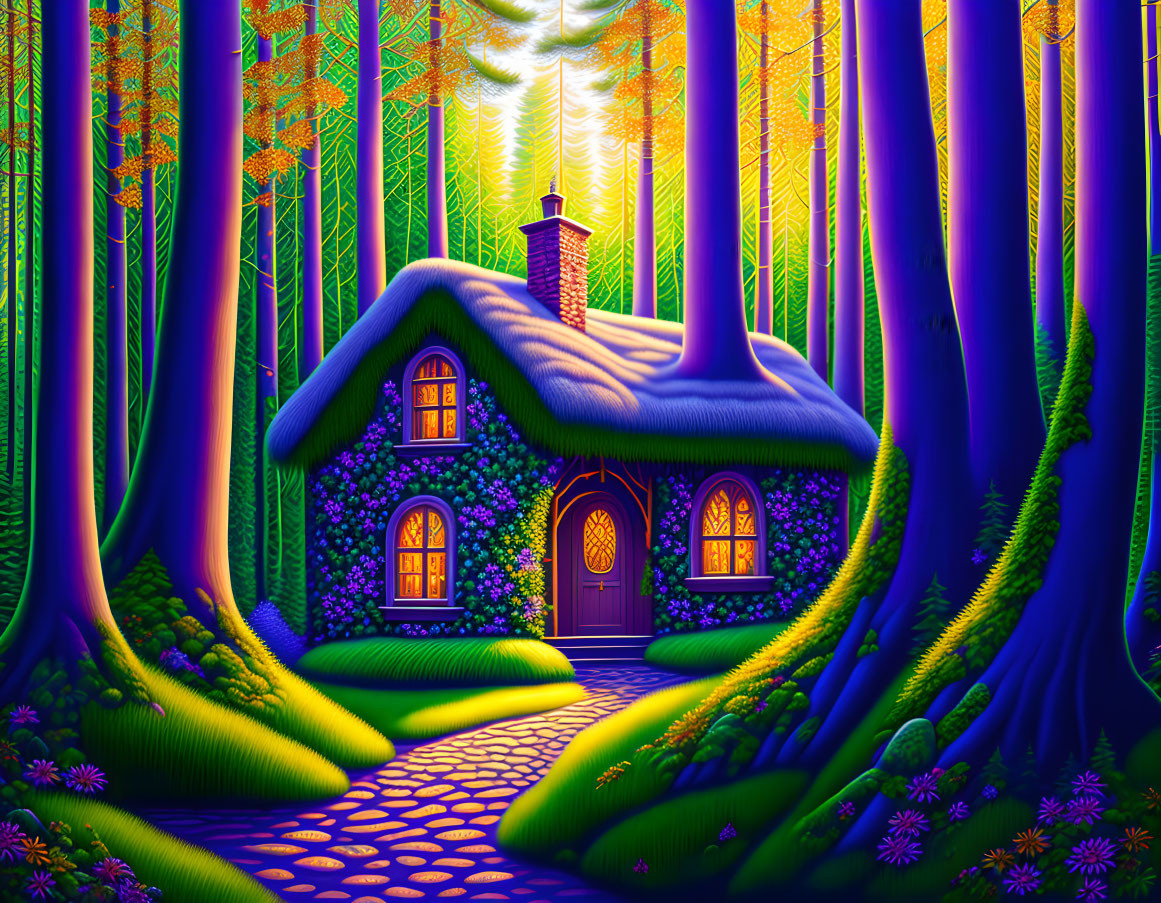 Colorful Forest Cottage with Blue Roof in Soft Light