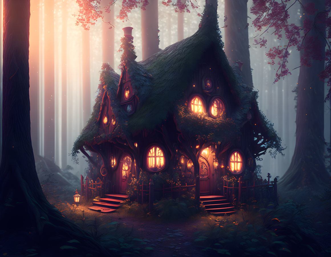 Enchanted forest scene with illuminated cottage and towering trees