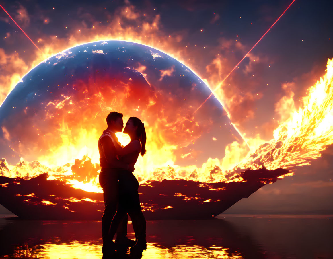 Silhouette of couple embracing with fiery planet and laser beams in dramatic backdrop