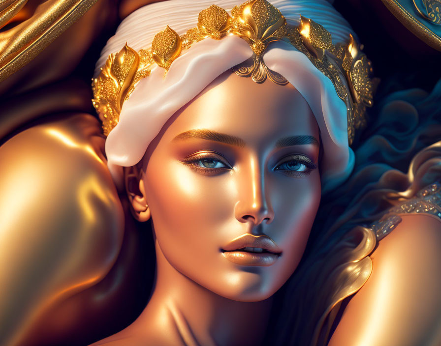 Illustrated female figure with golden headband and glowing skin on gold background