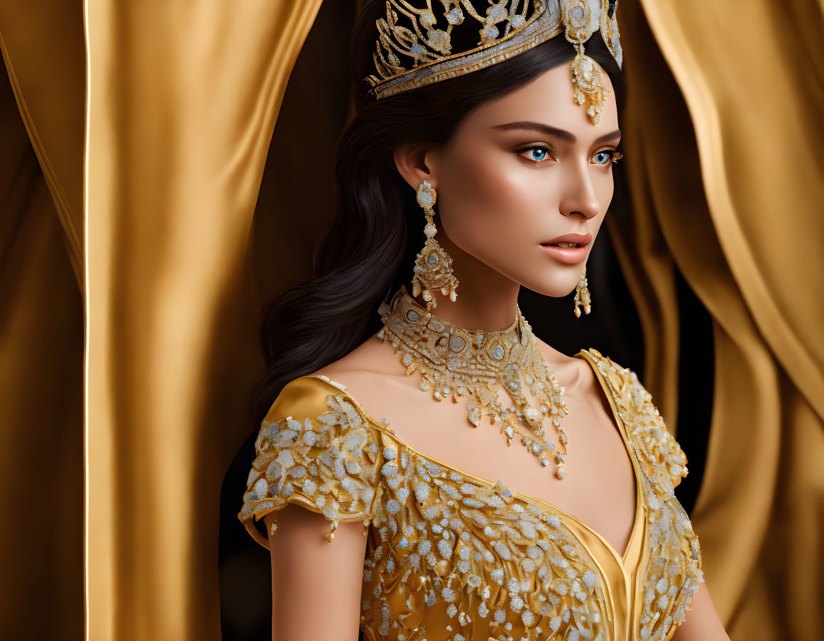 Digital Artwork: Elegant Woman with Dark Hair & Golden Crown on Luxurious Gold Drapes