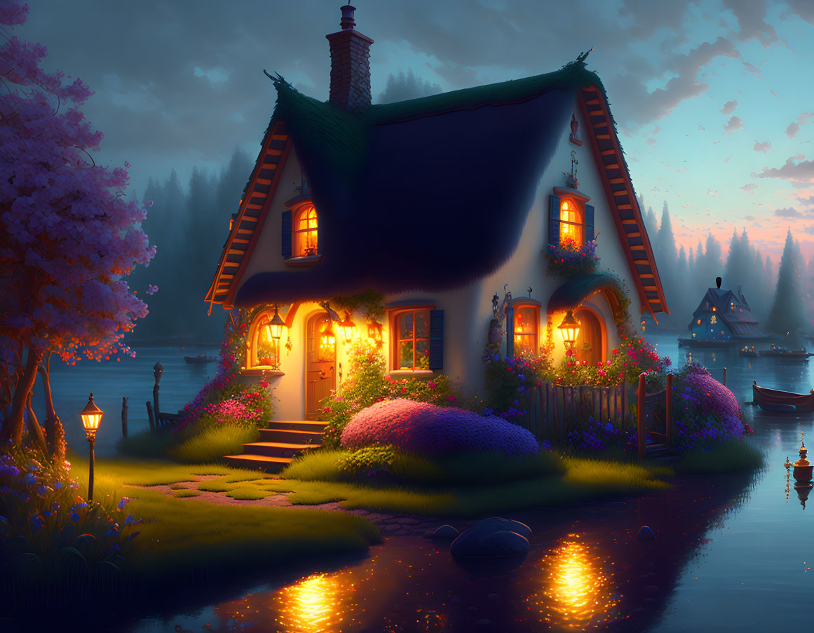 Cozy Cottage Surrounded by Gardens and Lake at Twilight