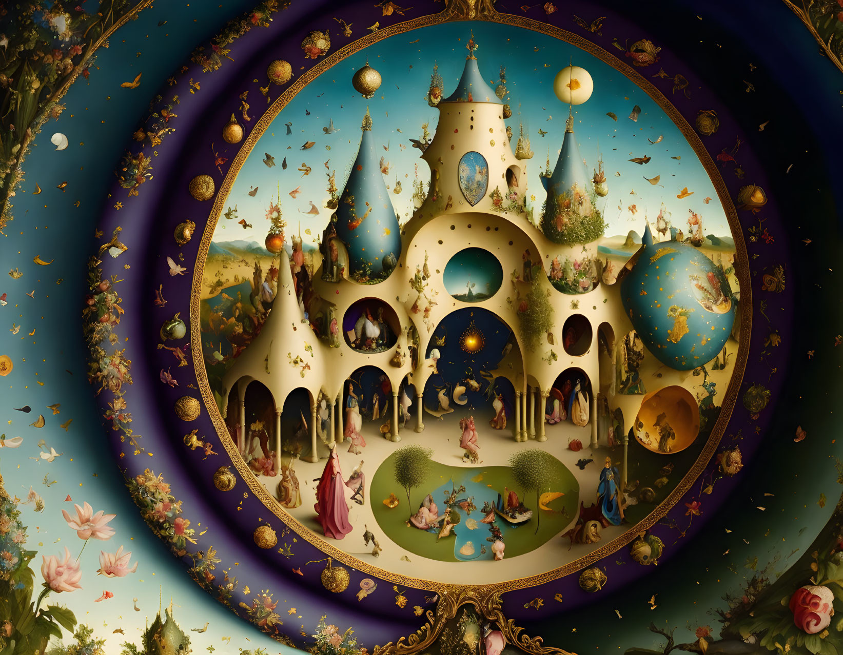 Circular fairytale landscape with castles and celestial elements.