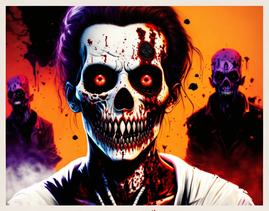 Colorful digital artwork featuring person with skull face and glowing red eyes