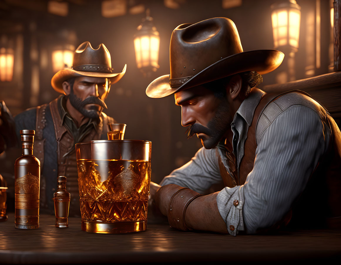 Cowboys in dimly lit saloon with whiskey glass, Wild West ambiance