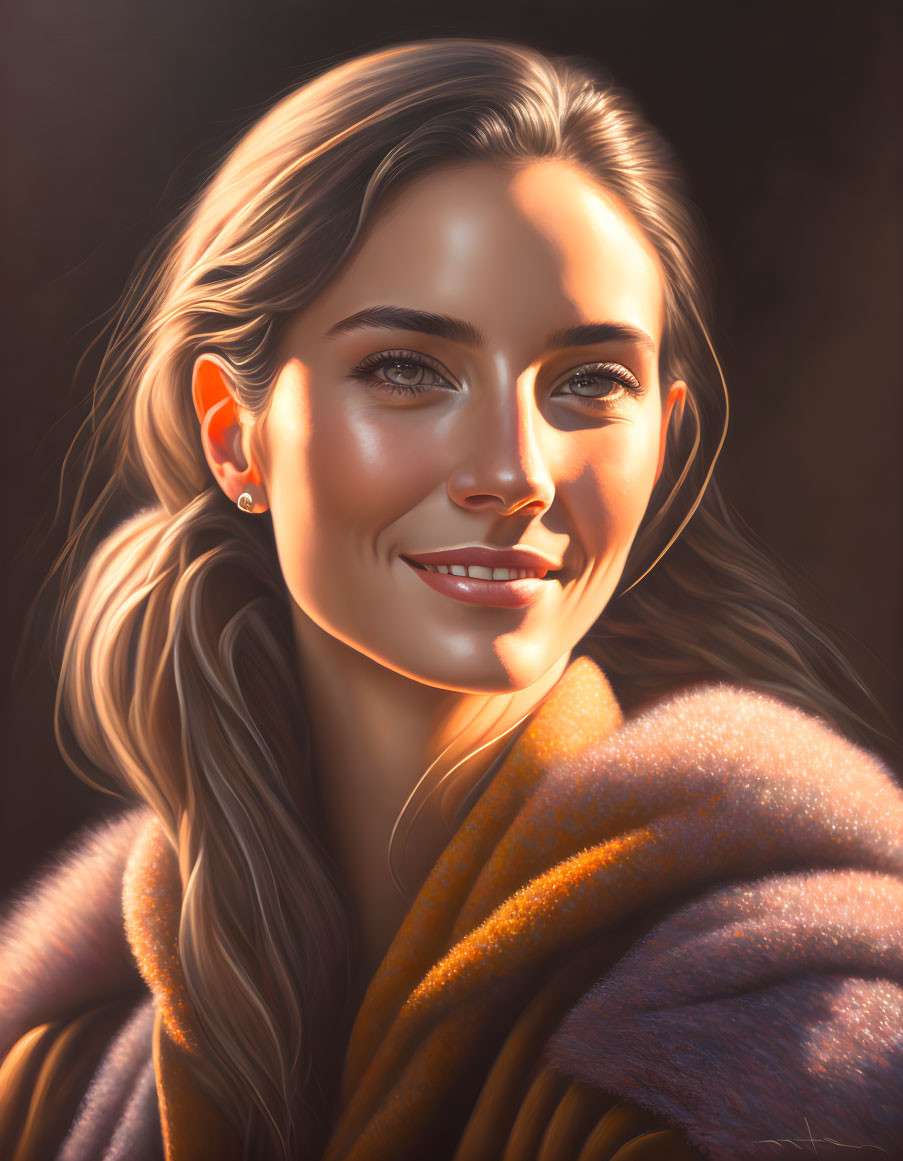 Smiling woman digital portrait with long hair and warm scarf