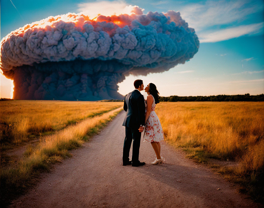 Couple standing in field with mushroom cloud in distance