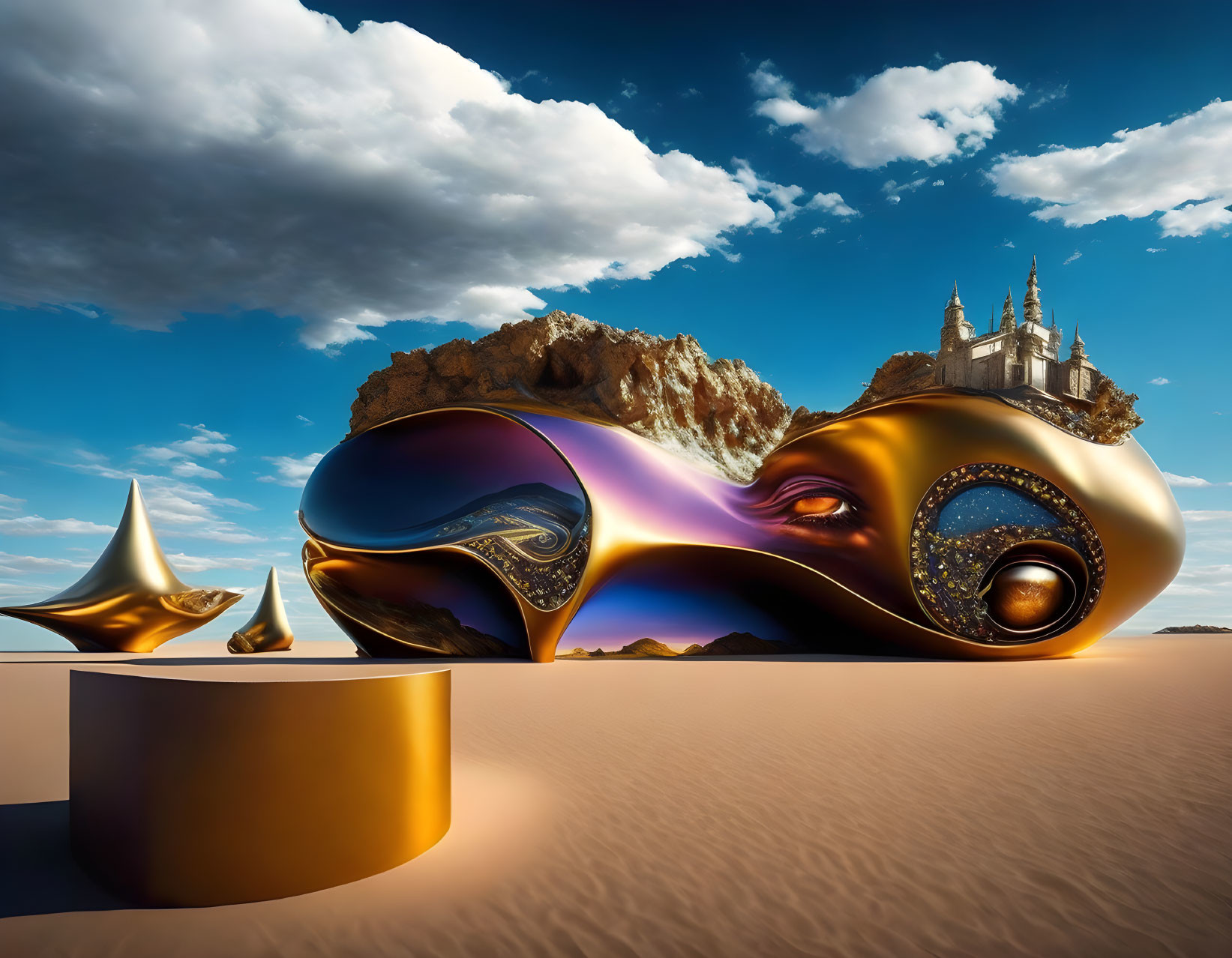 Surreal landscape with glossy structure, golden castle, and metallic elements