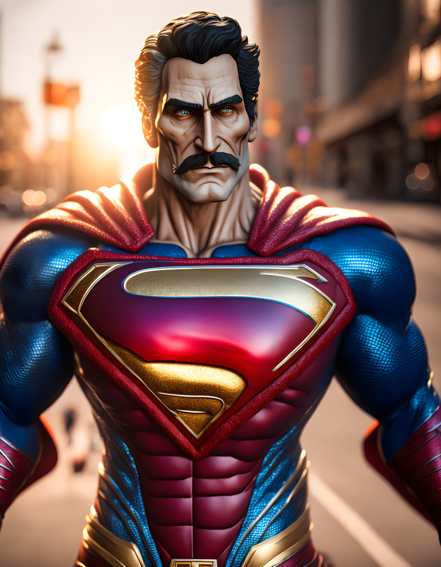 Superman Figure with Facial Hair in Blue and Red Costume