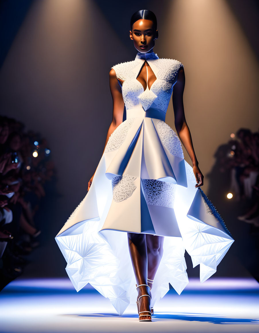 Futuristic white geometric dress with sharp angles and high collar