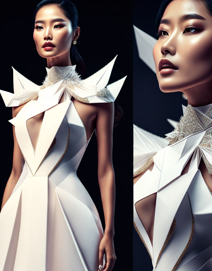 Futuristic white dress with geometric shapes and glimmering accents.