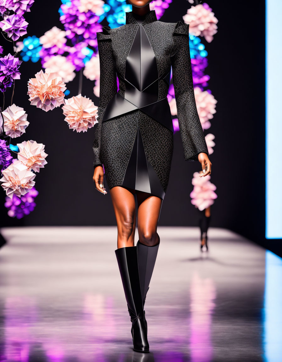 Model showcasing geometric black dress and knee-high boots on floral backdrop