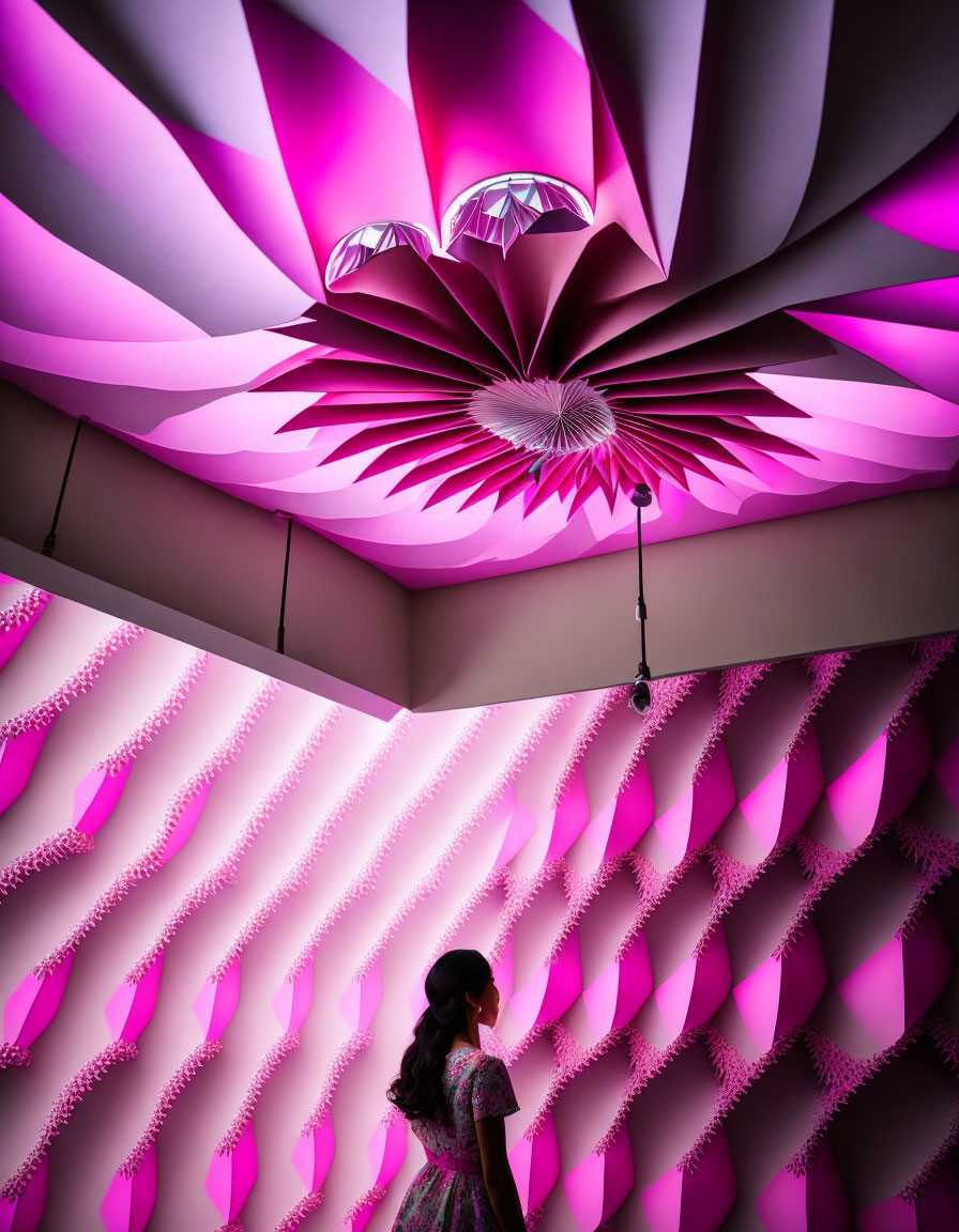 Woman in patterned dress admires vibrant pink and purple art installation with petal-like structures.