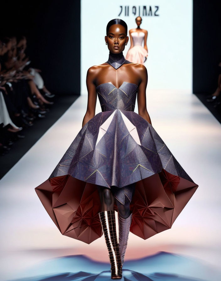 Fashion model showcases futuristic geometric dress with angular bodice and structured skirt.