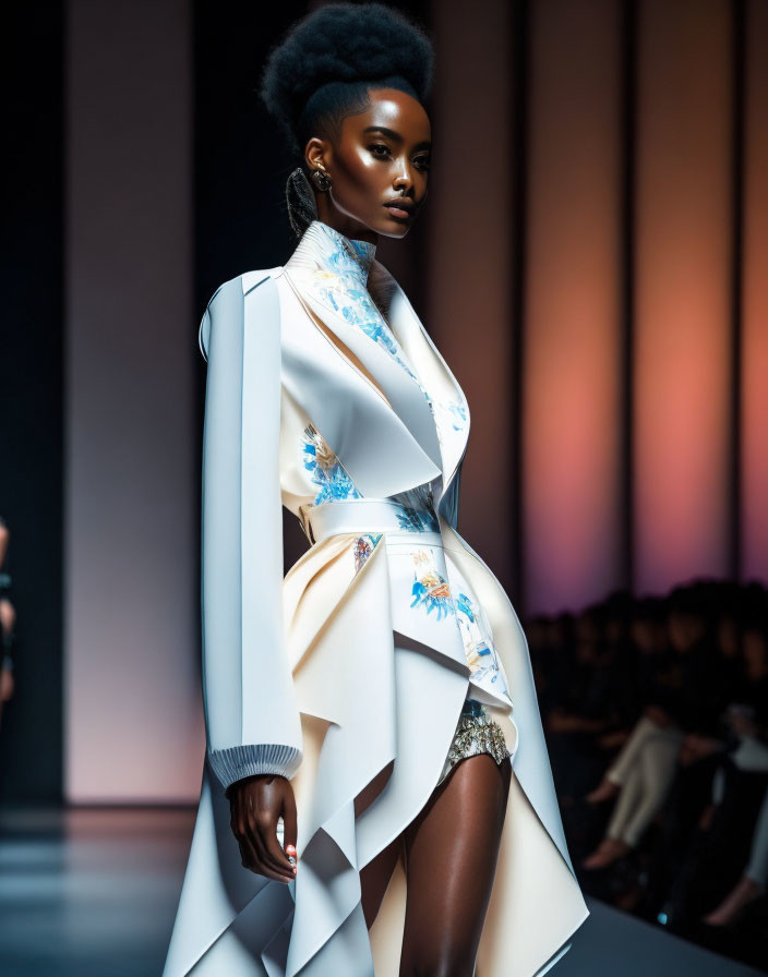 Fashion model in white avant-garde jacket with blue floral prints and high collar on runway