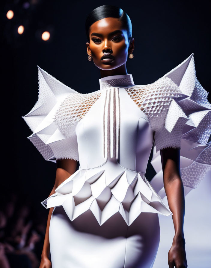 Avant-garde white dress with bold makeup under dramatic lighting