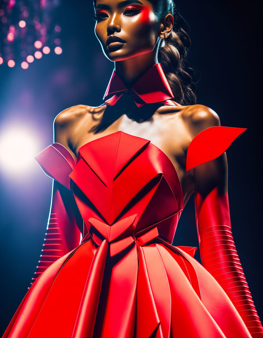 Avant-garde red dress with geometric shapes and sharp angles on a model in dramatic lighting