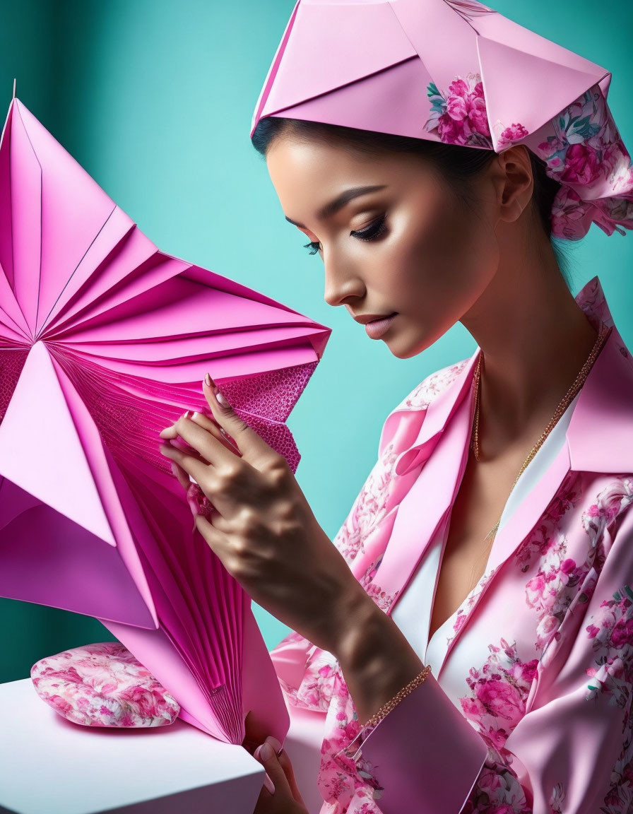 Woman in floral pink outfit with pink headpiece and large paper star on turquoise backdrop