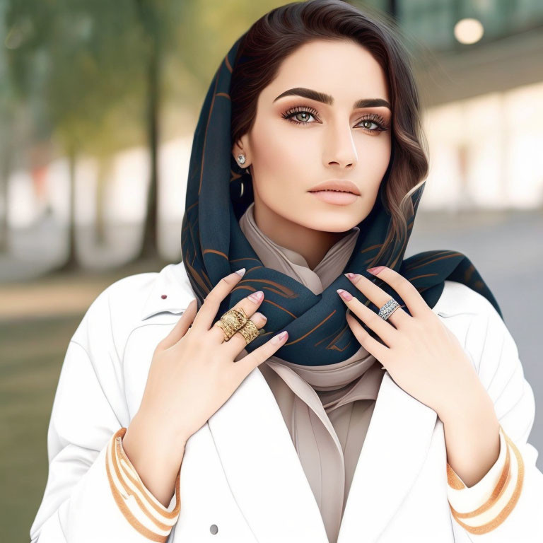 Woman with Striking Makeup in Headscarf & White Outfit with Gold Accents