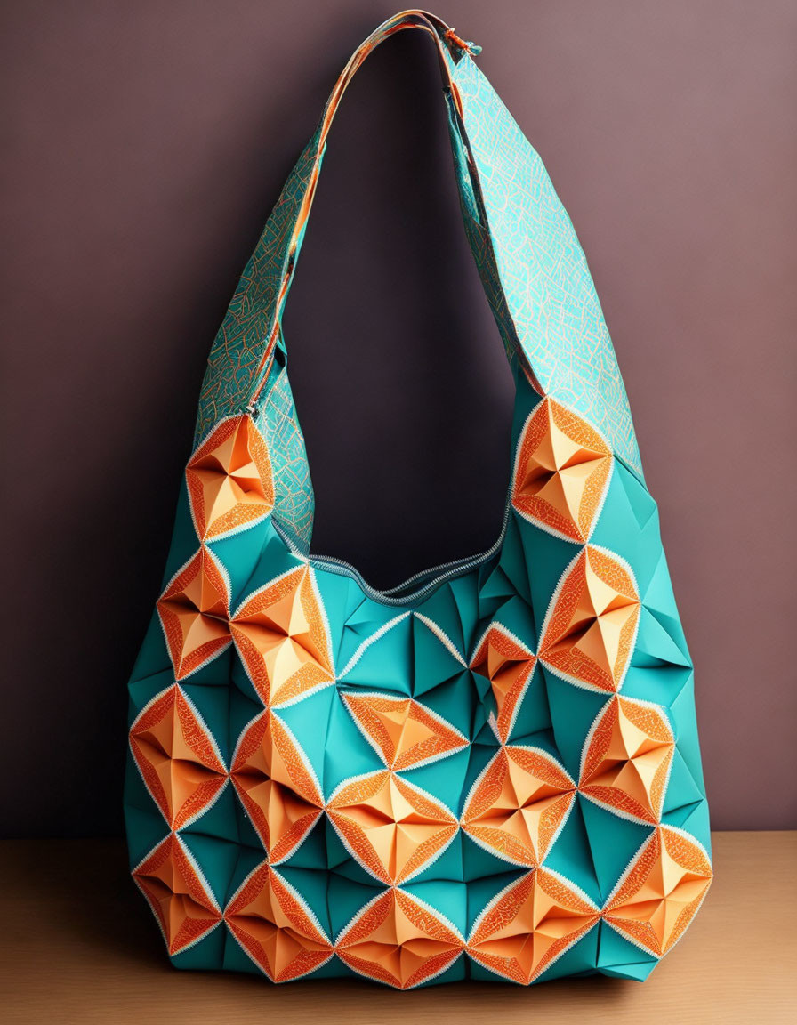 Colorful Geometric-Patterned Shoulder Bag with 3D Triangular Embellishments