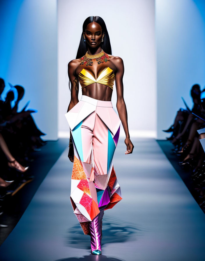 Fashion Model Showcases Geometric Ensemble with Metallic Accents