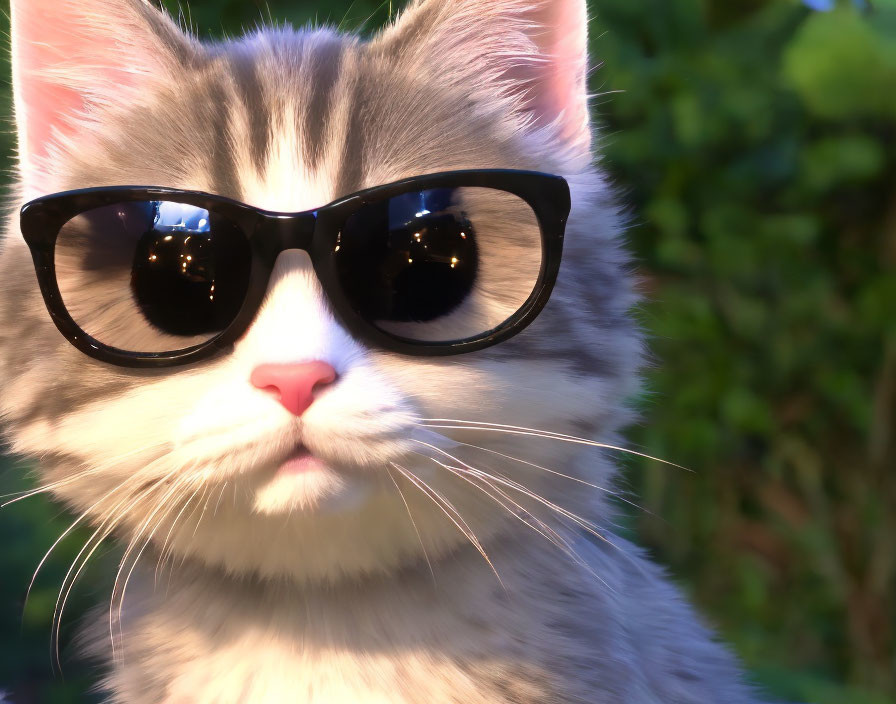 Fluffy grey and white cat with black sunglasses in close-up portrait