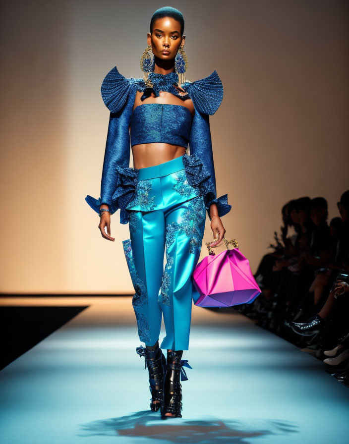 Fashion show: Model in bold blue and aquamarine outfit with lace details, accessorized with statement