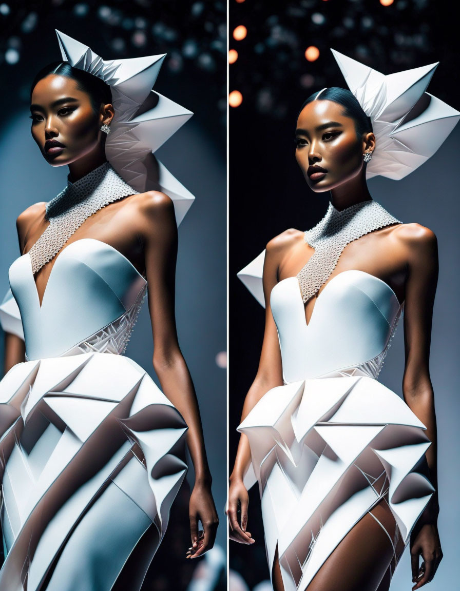 Futuristic white geometric gown with high collar and avant-garde headpiece